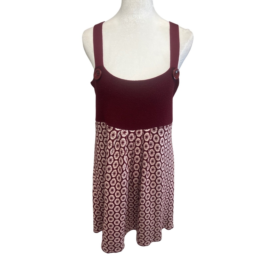 American Rag Knit Mini Dress Sz L Burgundy Geometric Button Pinafore Boho Retro